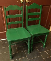 Pair Of Green Wooden Ladder Back Chairs
