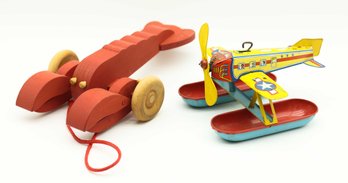 1930s J. Chein Tin Litho Toy Windup Pontoon Sea Plane & Larry Lobster Wood Pull Toy Country Workshop Made In M