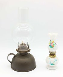 Antique Oil Lamp Small Kerosene Metal & Vintage Milk White Miniature Oil Lamp Floral Design Globe Base