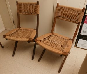 Vintage Mid-Century Modern Hans Wegner Style Wood And Rope Folding Chair, C. 1980's - Pair - Rare