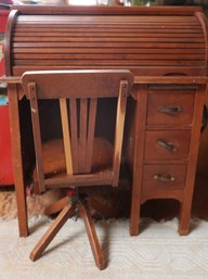 Vintage Child's Rolltop Wood Desk With Drawers And Chair