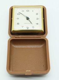 Vintage Westclox Wind Up Travel Alarm Clock/Pocket Watch In Tan Brown Case