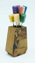 Vintage Tiki Set Of 12 Hors D'oeuvres Multicolor Cocktail Picks Carved Stone Gem W/ Wooden Holder Included