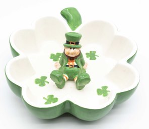 Russ Berrie Shades Of Green Stoneware Candy Dish Leprechaun Clover Irish Green