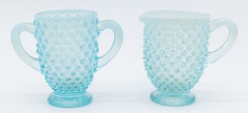 Vintage Fenton Glass Aqua Hobnail Cream And Sugar