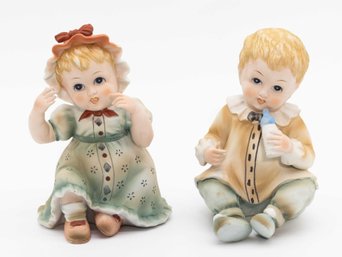 Large 7' Lefton Piano Baby Boy And Girl Pair Bisque Porcelain