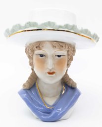 Luminescent Lady Head Vase Planter Light Blue & White Wide Brim Hat 7' Tall