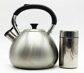 Stainless Steel Whistling Tea Kettle And Matching Lidded Creamer