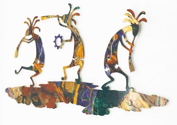 Colorful Metal Wall Art Piece Depicting Kokopelli Figures