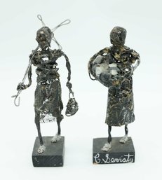 Vintage MCM Wire & Mesh Figures Metal Sculpture -pair- Signed C Serraty Style Brutalist Wire Art/ Twisted Wire