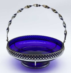 Vintage Cobalt Blue Glass Dish With Silver Plated Carrier Glass Candy Bowl Vintage Serving Bowl Collectible Co