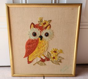 Framed Vintage Owl Needlepoint - Signed