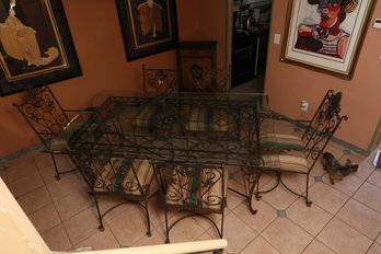 Empire Craftsman Andrew Ye Wrought Iron Dining Table, Glass Top, 6 Chairs Total - RARE