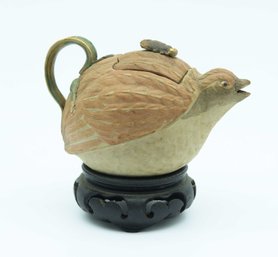 Ntique Japanese Meiji Banko Ware Figural Quail Clay Enamel Teapot