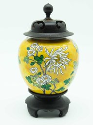 Vase Jar Urn W/Lid & Wooden Base