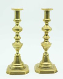 19th Century British Beehive And Diamonds Push-Up Candlestick Pair In Brass