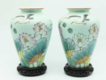 Japanese Cloisonne Vase Pale Blue With Flowers - Pair - Wooden Base Included