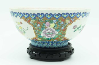 Mid-Century Chinese Rose Porcelain Bowl & Rosewood Stand