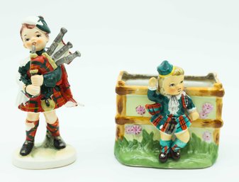 Vintage Lefton 3930 Made In Japan Ceramic Figurine Scottish Lad With Bagpipes & Vintage Napco Scottish Irish D