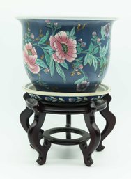 Chinoiserie Floral Pattern Planter With Water Tray - Wooden Stand Included