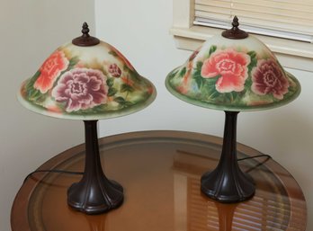 Glowing Rose Reverse Hand Painted Floral Table Lamp - Pair