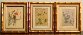 Asian Framed Floral Paintings Faux Bamboo Frame - 3 Total