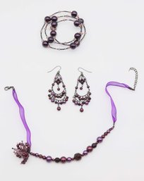 Charming Set Of Costume Jewelry- Purple Beaded Earrings, Necklace & Bracelet