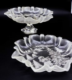 MIKASA GERMAN CRYSTAL CHRISTMAS Story 9' Footed Plate Serving Bon Bon Candy Dish & Matching Dish Not Footed