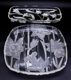 Vintage Embossed Frosted Glass Fruit Bowl/serving Dish & Mikasa Crystal Glass Frosted Bluebells Canap Tray