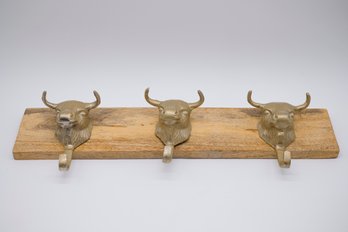 Wall Mounted Coat Rack Wood Hanging Pine 3 Metal Bull Hooks Western Decor