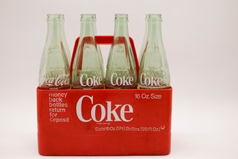 8 Vintage Coke Bottles & Carrier - 16 Oz Coca-Cola