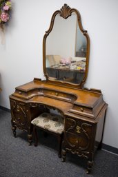 Antique Wooden Vanity Table With Mirror And Upholstered Stool