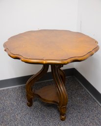 Vintage Wooden Round Side Table With Ornate Legs And Lower Shelf