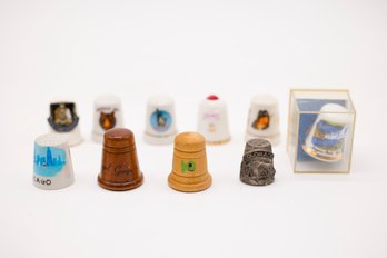 Assorted Souvenir Thimble Collection - 10 Pieces Including Wood, Ceramic, And Metal