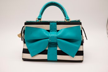 Betsey Johnson Women's Blue Curtsy Striped Bow Satchel Bag