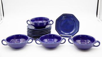 Set Of Blue Ceramic Plates & Bowls