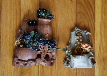 Antique Hand Carved Brown Soapstone With Flower, Leaves, And Double Vases