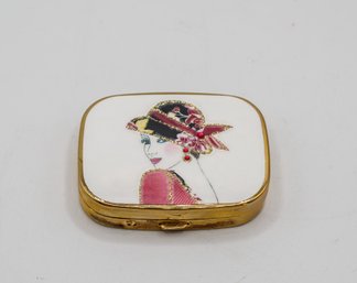 Vintage Enamel Pill Box With Rhinestones, Enamel And Gold Tone Metal Pill Box, Woman's Portrait Flapper