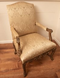 Carved Wood Upholstered Arm Chair With Nailhead Trim