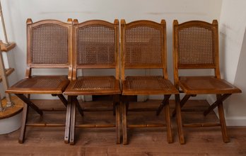 Vintage Foldable Cane Wood Chairs Set Of 4