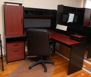 Two Toned Laminate L-Shaped Desk With Storage Hutch &  Faux Leather Office Chair