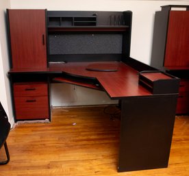 Two Toned Laminate L-Shaped Desk With Storage Hutch & Faux Leather Office Chair