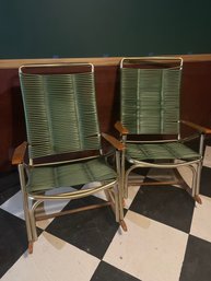 Vintage Folding Telescope Furniture Green Vinyl Strap Rocking Chair Lawn Rocker - Pair