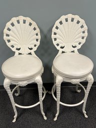 Vintage Cast Iron Shell Back Bar Stool With Upholstered Seat