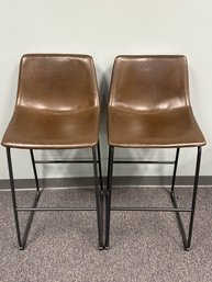 Brown Leather Bar Height Stools - Pair