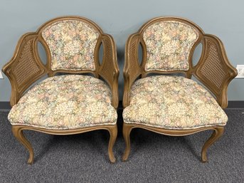 Pair Of Vintage French Provincial Cane-Back Armchairs With Floral Upholstery