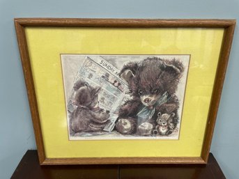 Vintage Framed Art: Teddy Bears Reading A Newspaper  Audrey J. Ratterman - Art Print - 319/500 - Signed