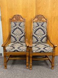 Pair Of Vintage Carved Wooden Armchairs With Damask Upholstery