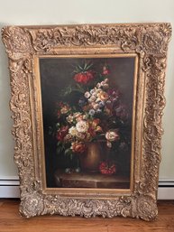 Large Vintage Still Life Painting Of Flowers In Ornate Frame - Signed -