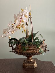 Ornate Bronze Cachepots With Artificial Flowers - Heavy